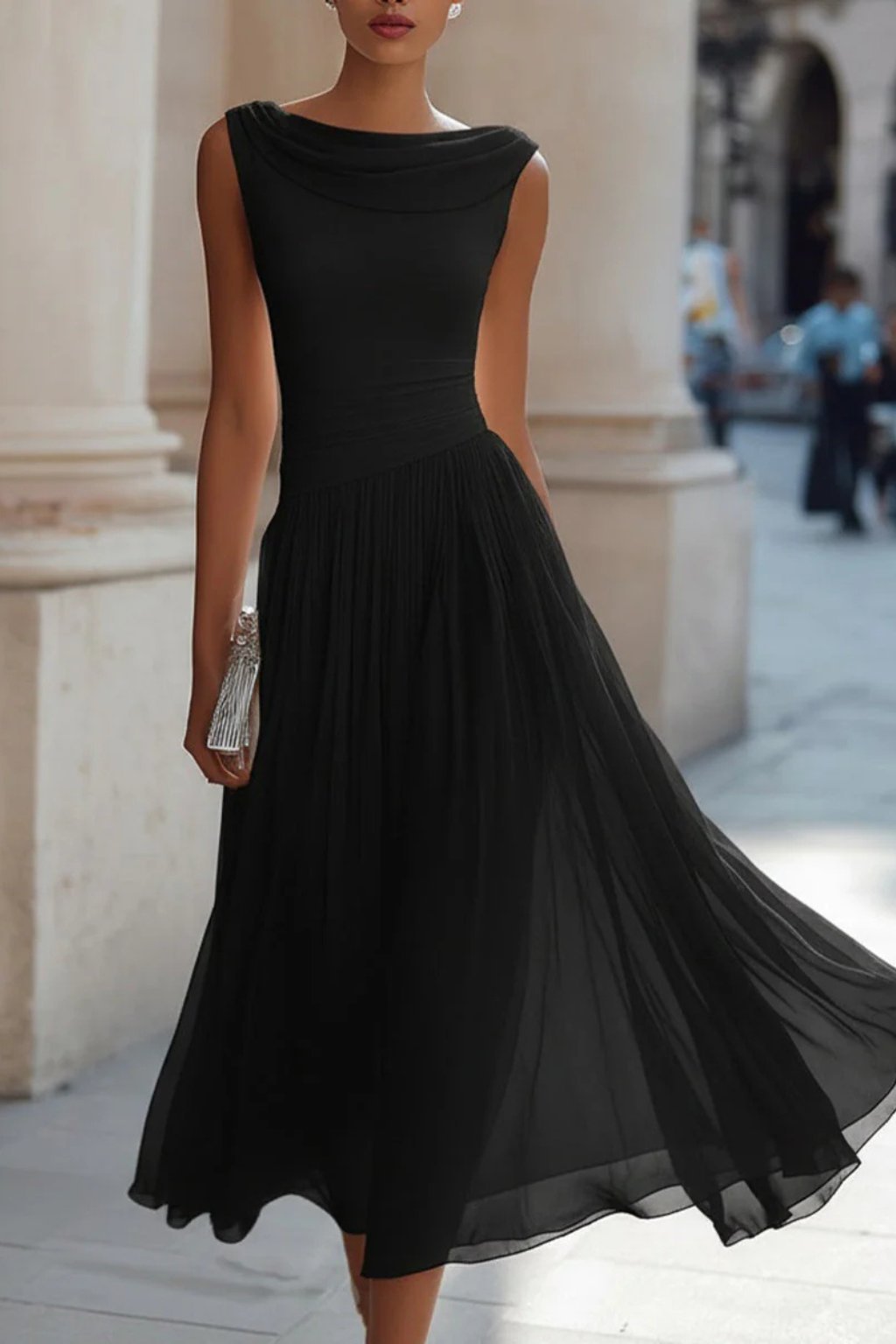 Women's Sleeveless Cowl-Neck Pleated A-Line Midi Dress
