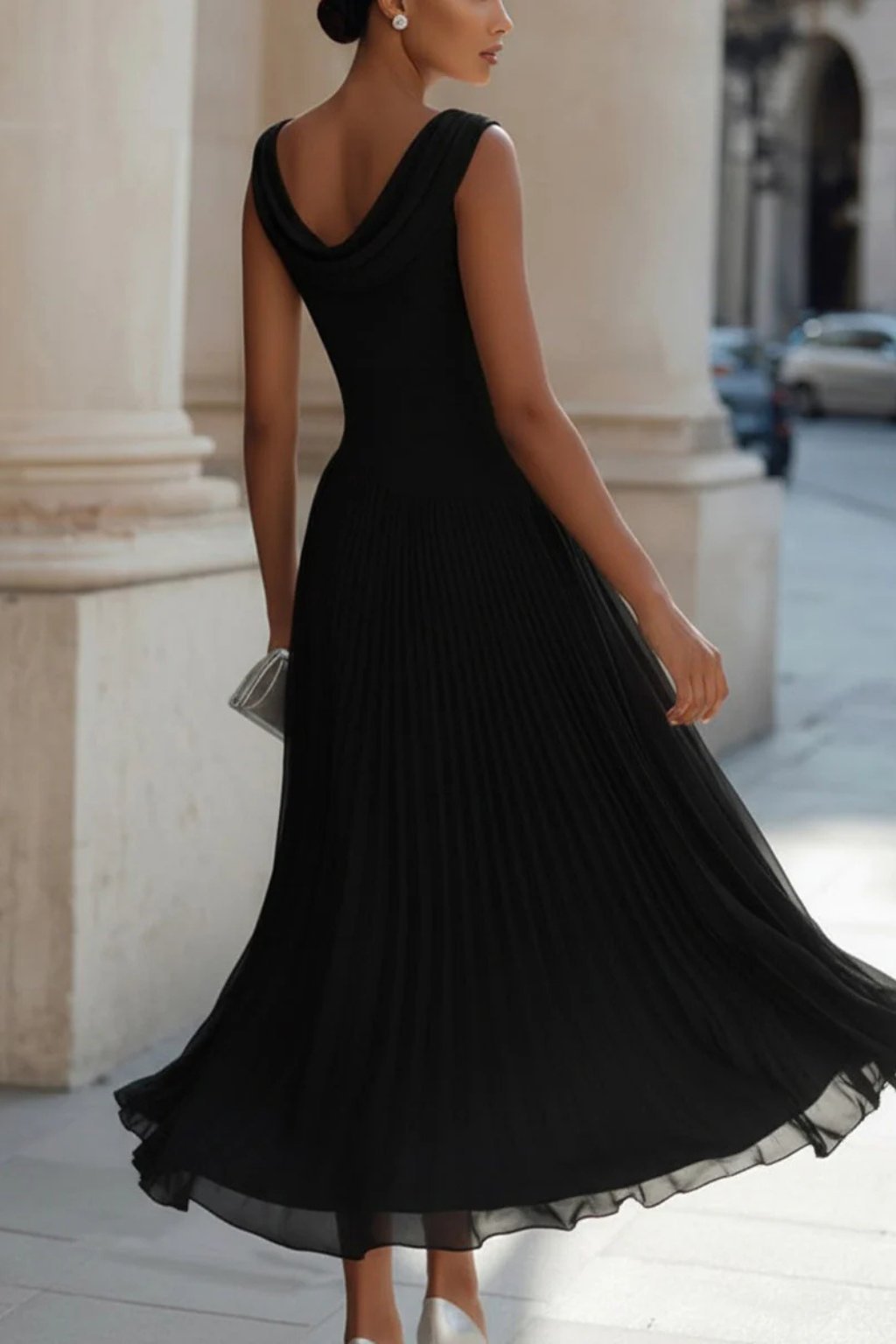 Women's Sleeveless Cowl-Neck Pleated A-Line Midi Dress