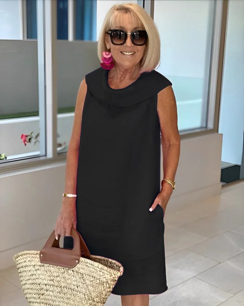 Women's Sleeveless Cowl-Neck Relaxed Shift Dress - Black