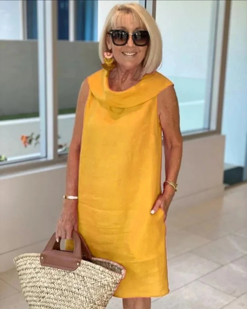 Women's Sleeveless Cowl-Neck Relaxed Shift Dress - Yellow