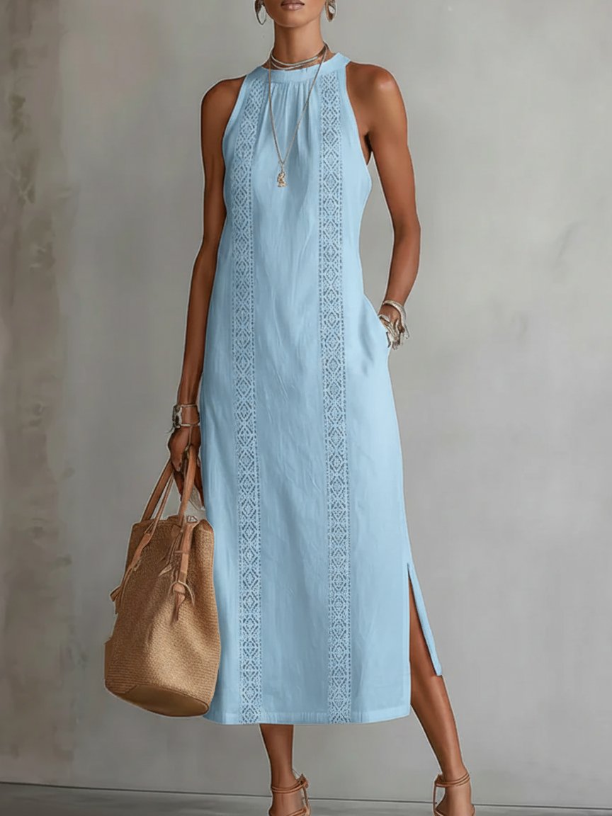Women's Sleeveless Embroidered Midi Shift Dress - Blue