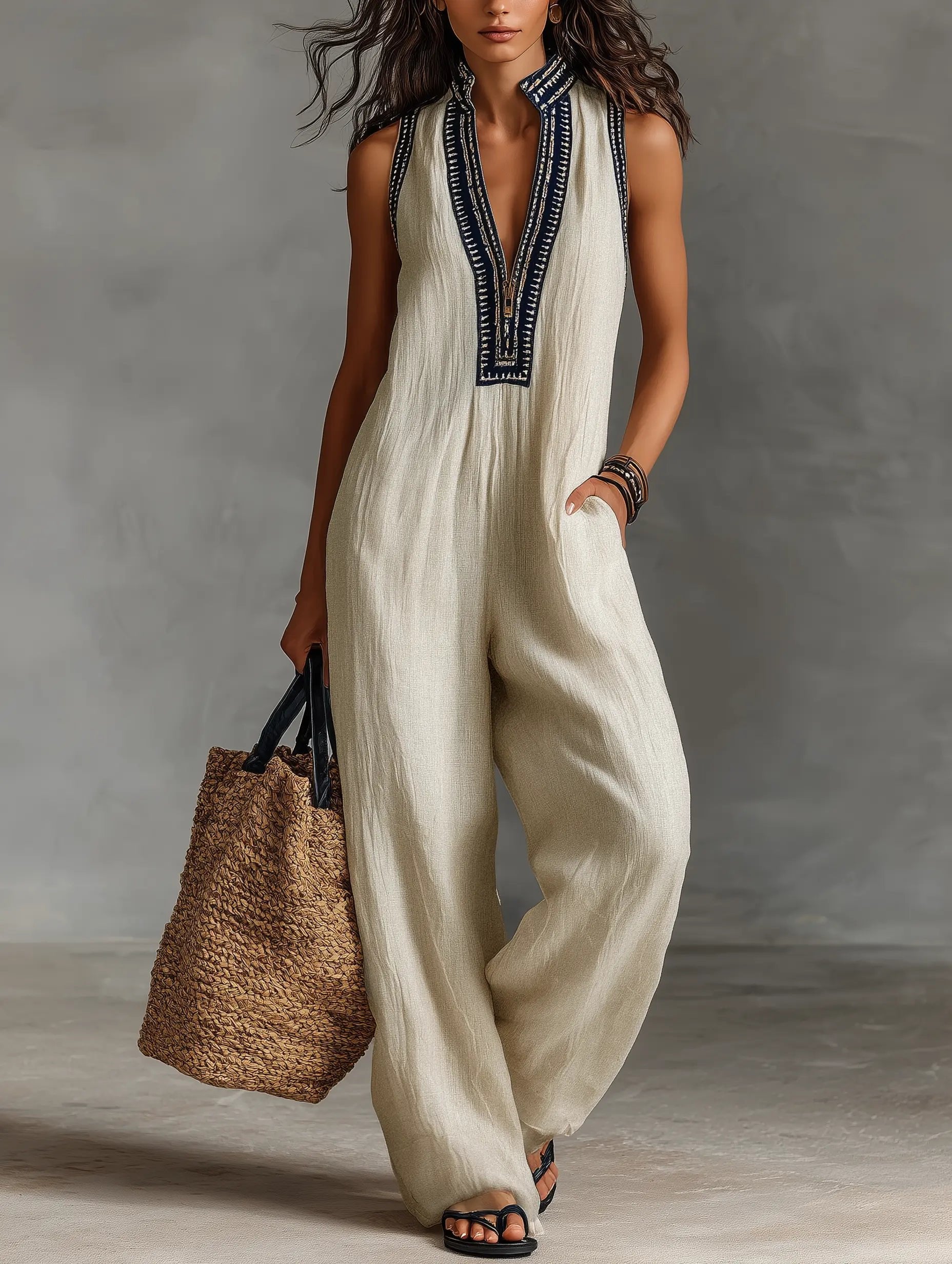 Women's Sleeveless Linen-Blend Embroidered Wide-Leg Jumpsuit - Photo Color