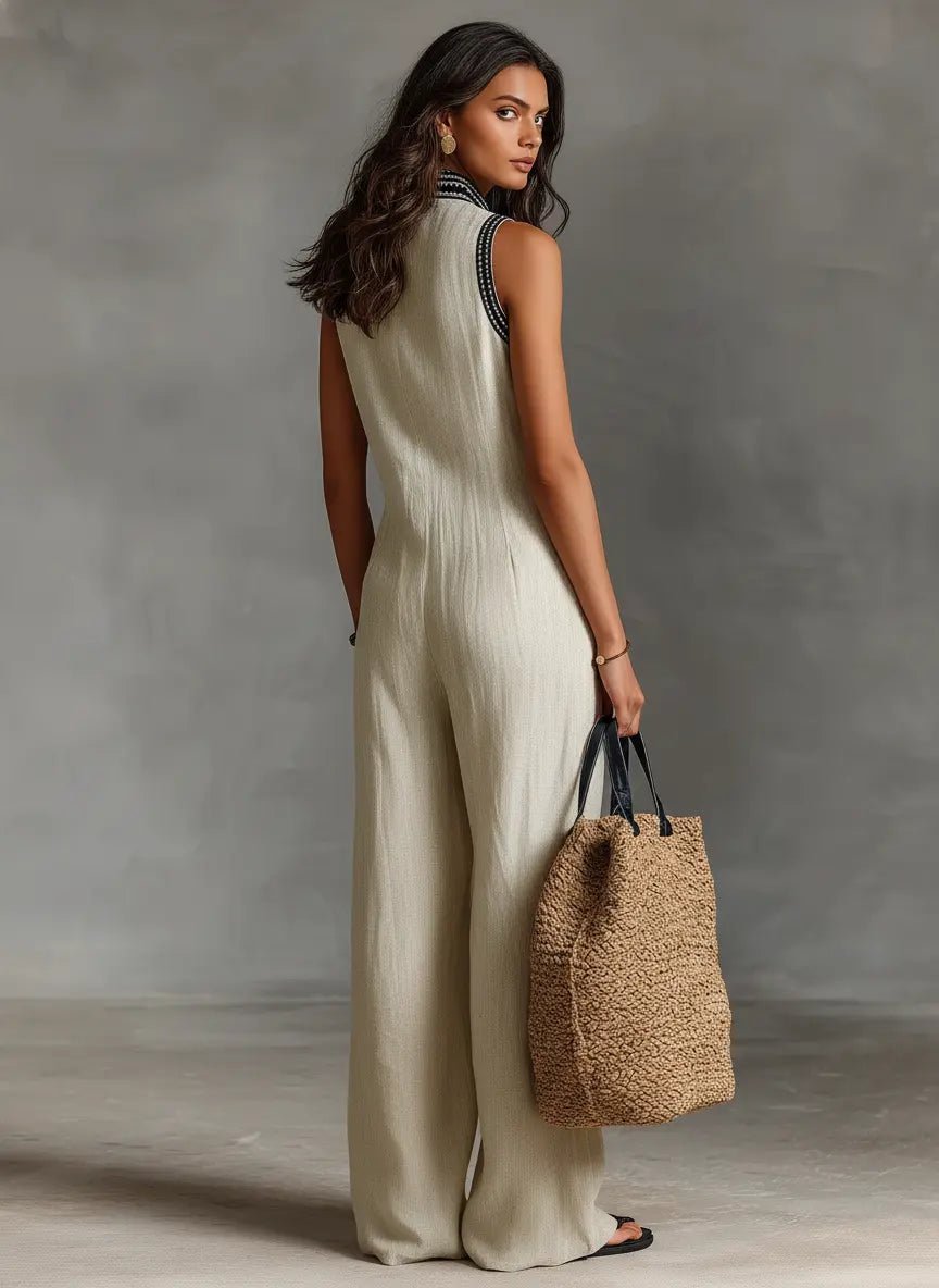 Women's Sleeveless Linen-Blend Embroidered Wide-Leg Jumpsuit