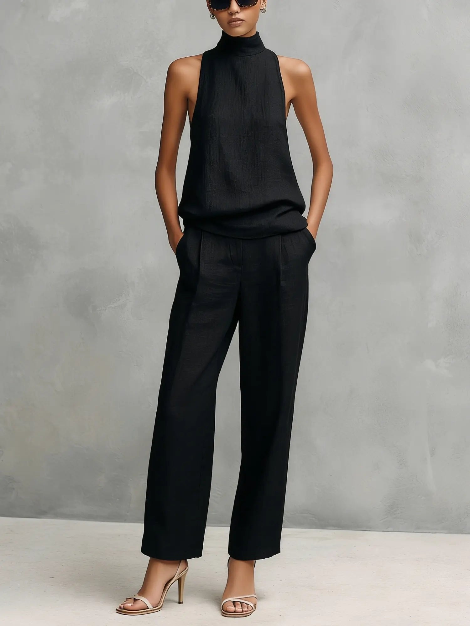 Women's Sleeveless Mock-Neck Cotton-Linen Two-Piece Pants Set - Black