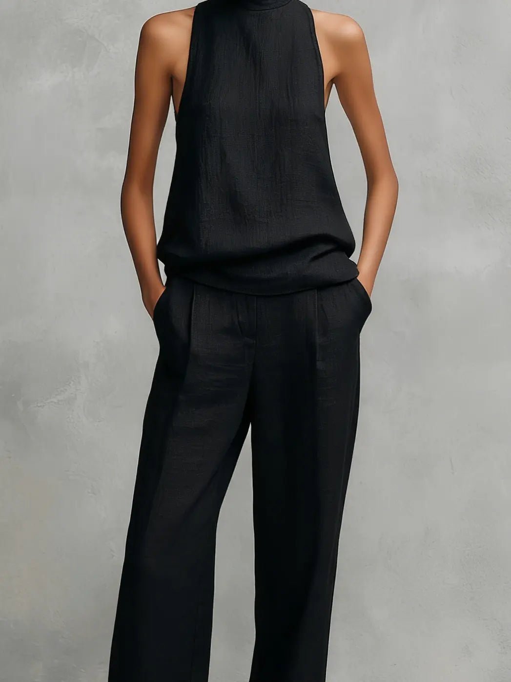 Women's Sleeveless Mock-Neck Cotton-Linen Two-Piece Pants Set