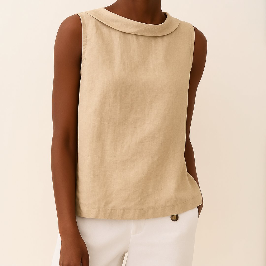 Women's Sleeveless Roll-Neck Linen-Blend Boxy Blouse - Beige