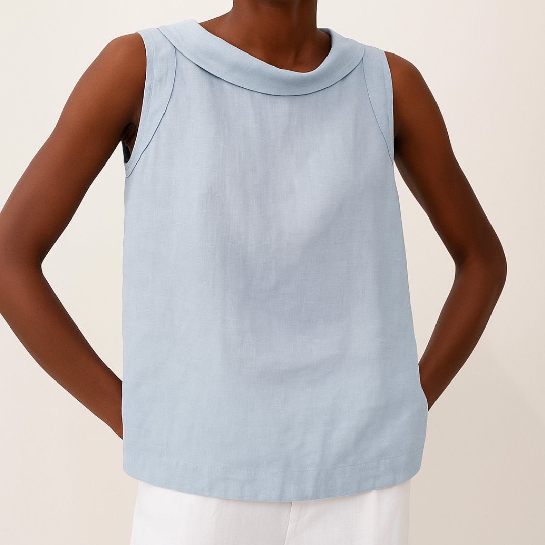 Women's Sleeveless Roll-Neck Linen-Blend Boxy Blouse - Blue
