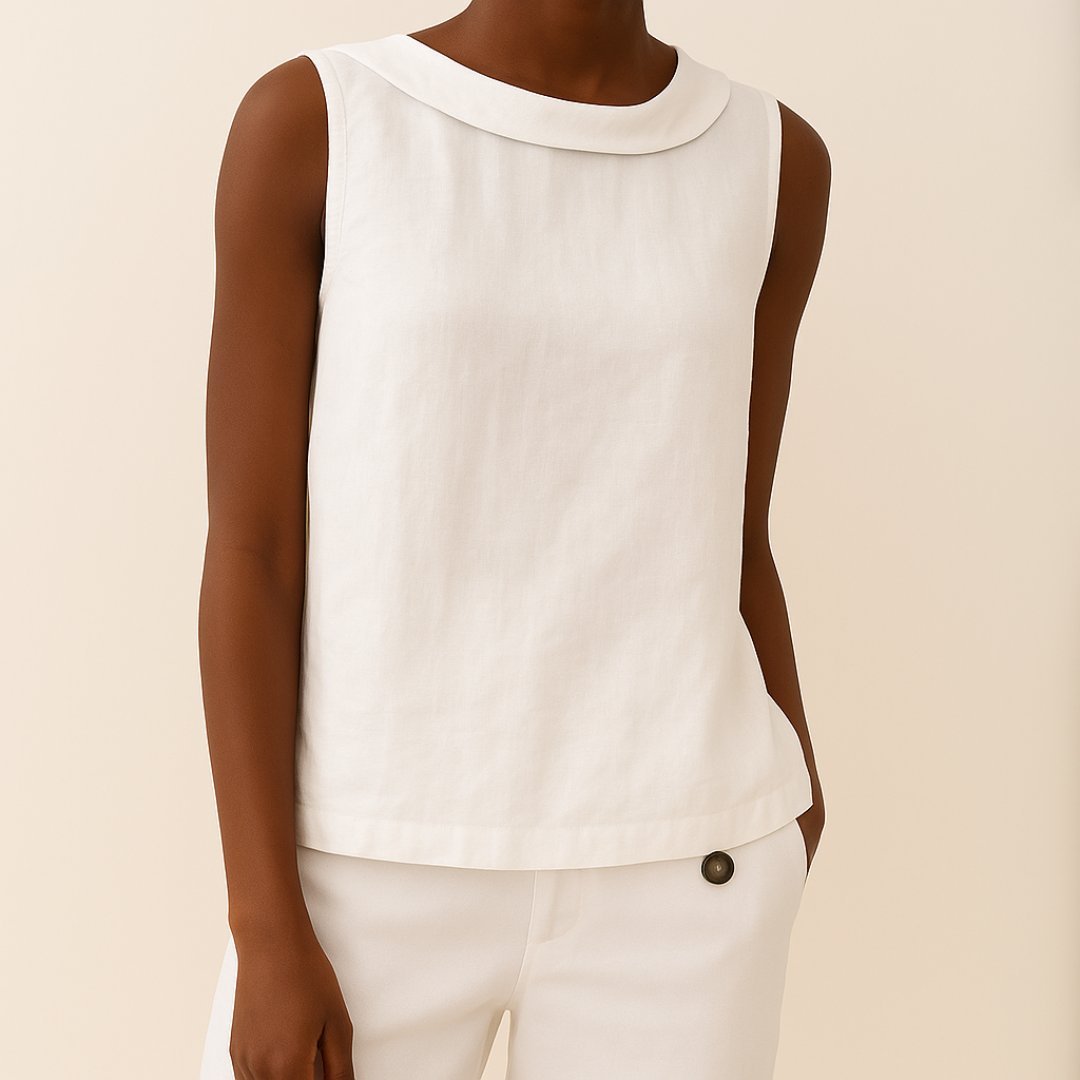 Women's Sleeveless Roll-Neck Linen-Blend Boxy Blouse - White