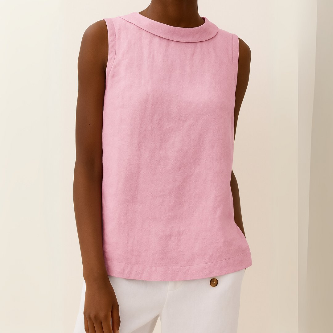 Women's Sleeveless Roll-Neck Linen-Blend Boxy Blouse - Pink