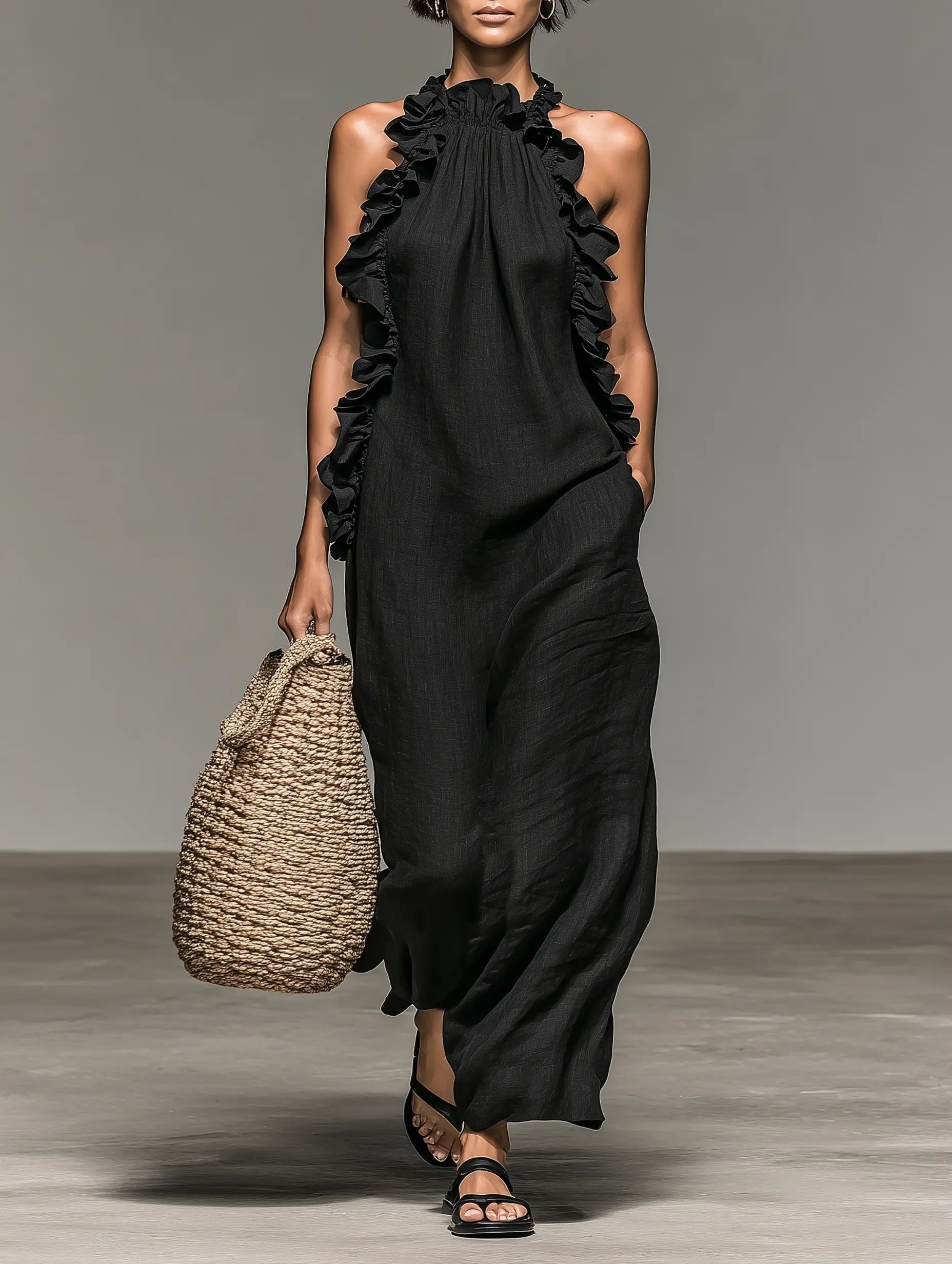 Women's Sleeveless Ruffle-Trim Linen Blend Halter Maxi Dress - Black