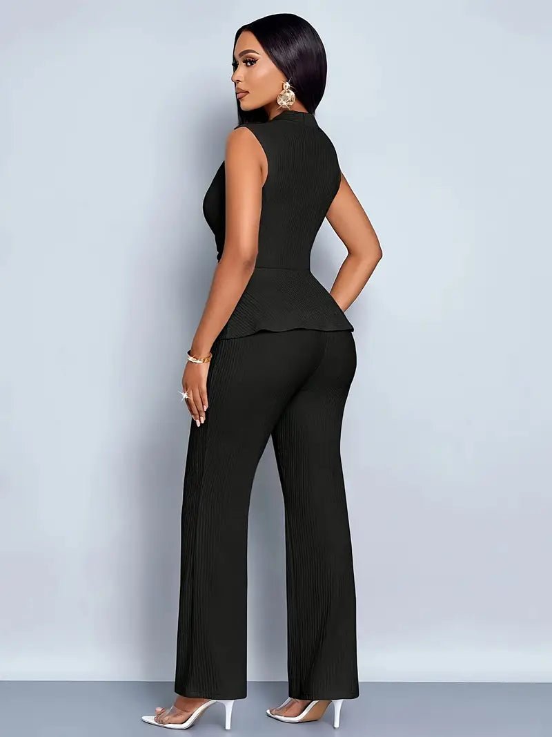 Women's Sleeveless Wrap Peplum Top Flared Pants Two-Piece Set