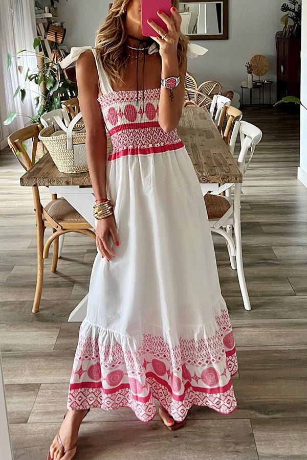 Women's Smocked Bodice Tie-Strap Boho Print Maxi Dress
