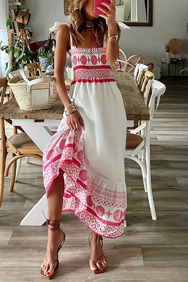 Women's Smocked Bodice Tie-Strap Boho Print Maxi Dress