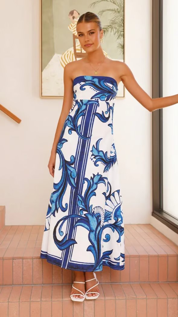 Women's Strapless Baroque-Print Maxi Tube Dress - Blue