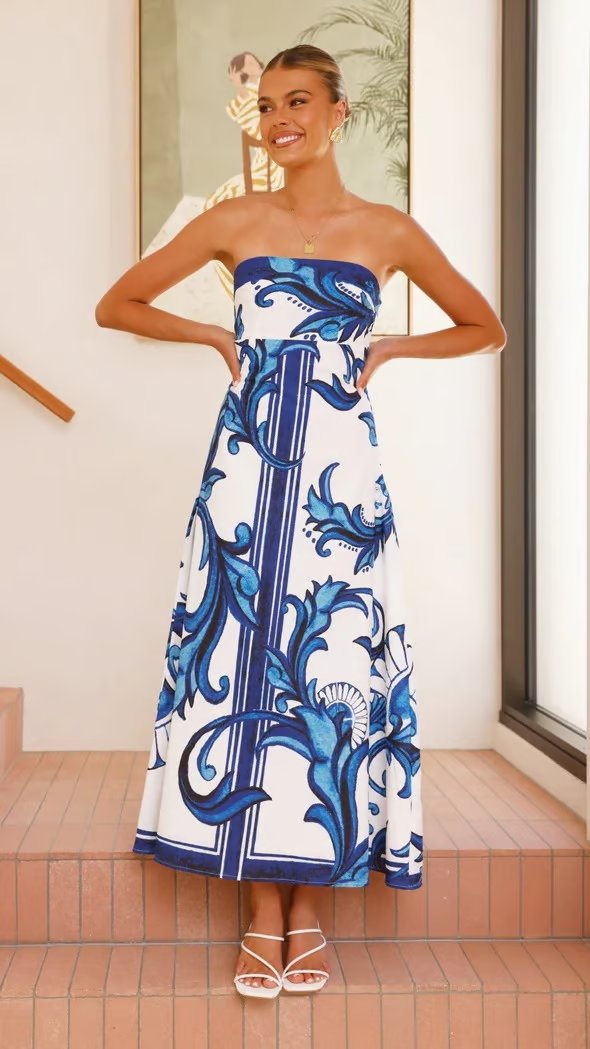 Women's Strapless Baroque-Print Maxi Tube Dress