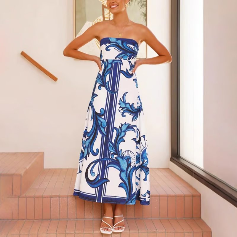Women's Strapless Baroque-Print Maxi Tube Dress