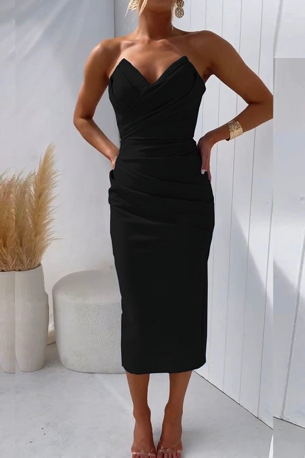 Women's Strapless Draped Fitted Cocktail Midi Dress - Black