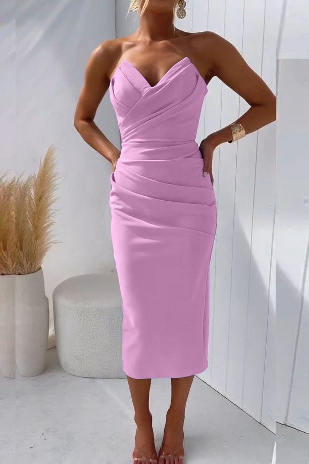 Women's Strapless Draped Fitted Cocktail Midi Dress - Pink