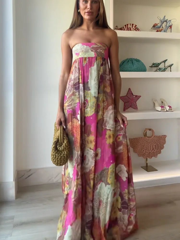 Women's Strapless Floral Floor-Length Maxi Wedding Guest Dress