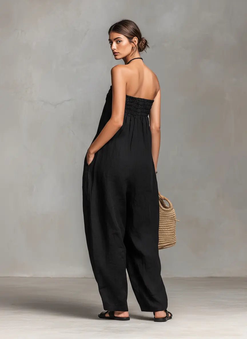 Women's Strapless Linen-Blend Wide-Leg Full-Length Jumpsuit