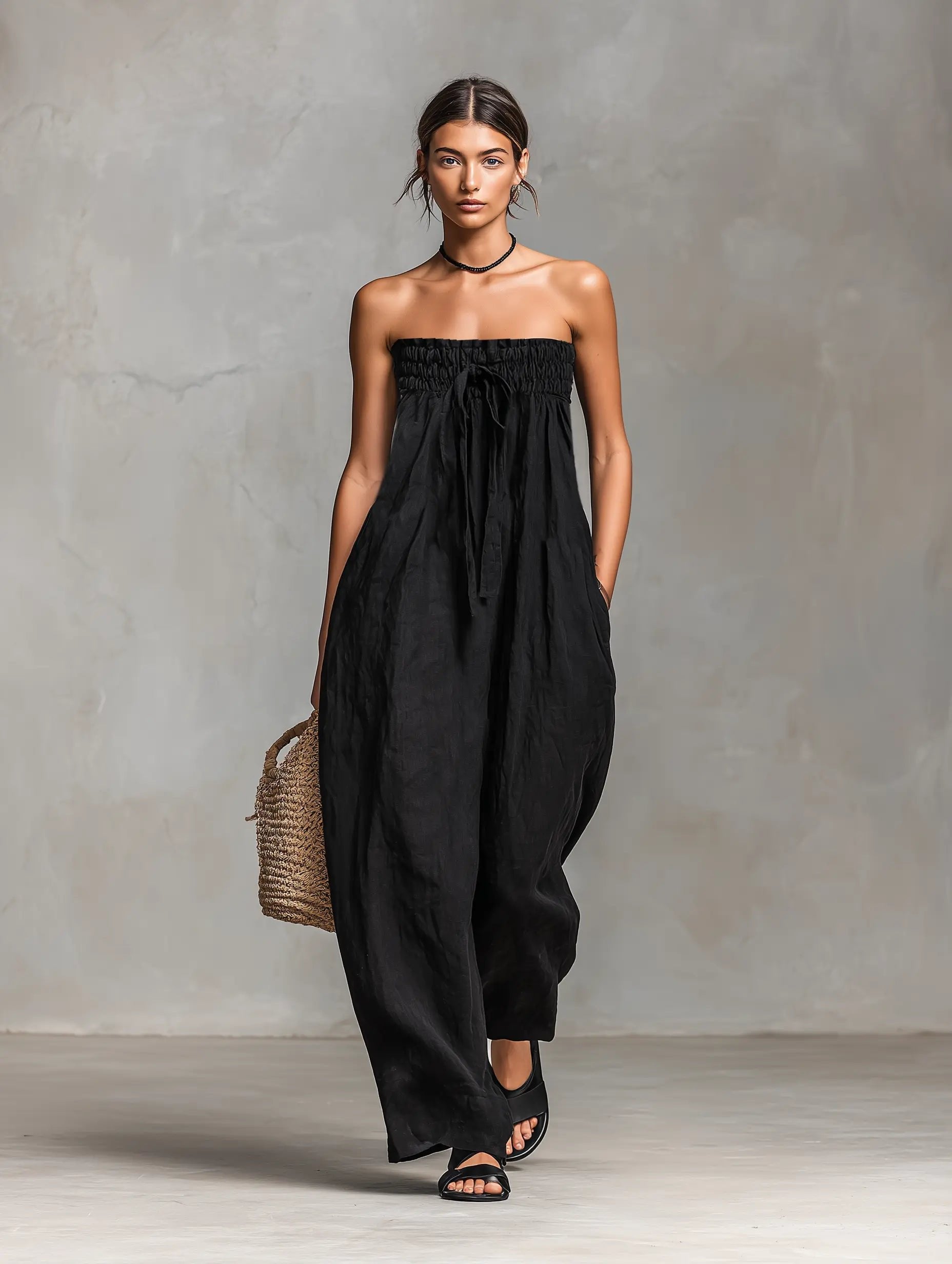 Women's Strapless Linen-Blend Wide-Leg Full-Length Jumpsuit