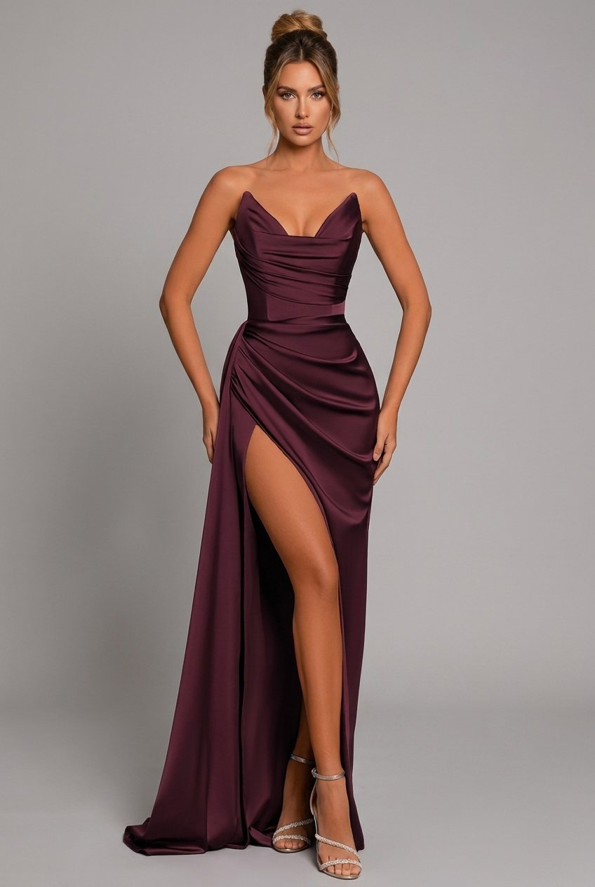Women's Strapless Satin Ruched High-Slit Formal Maxi Dress - Crimson Red