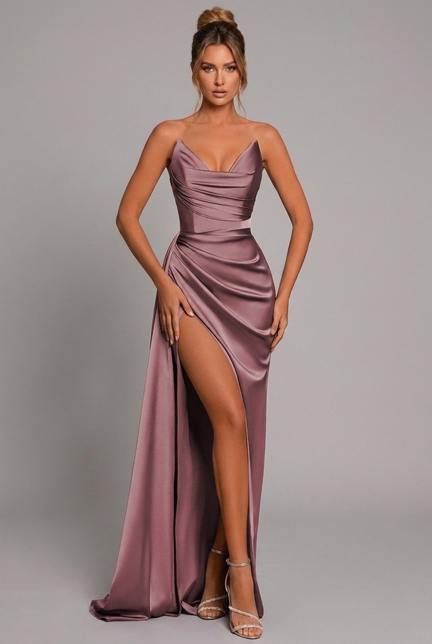 Women's Strapless Satin Ruched High-Slit Formal Maxi Dress - Dusty Rose