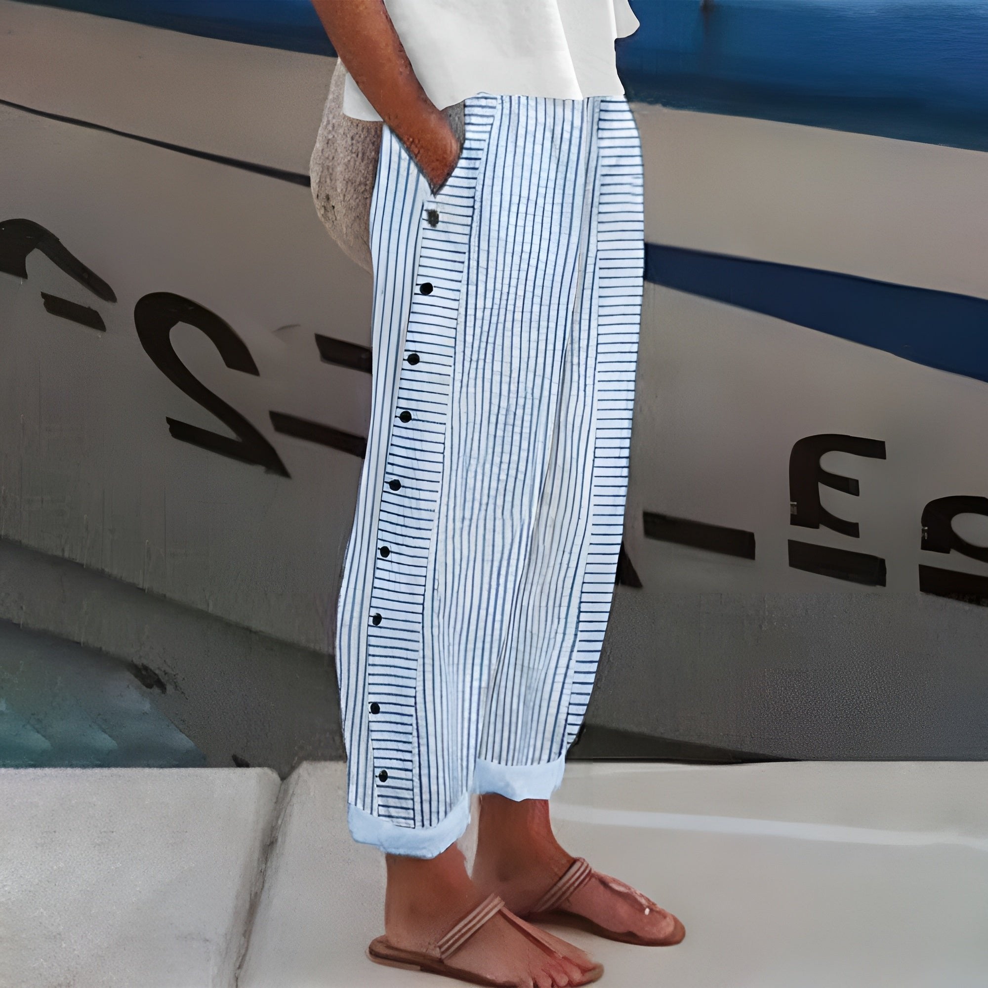 Women's Striped Straight-Leg Elastic-Waist Side-Button Pants - Blue