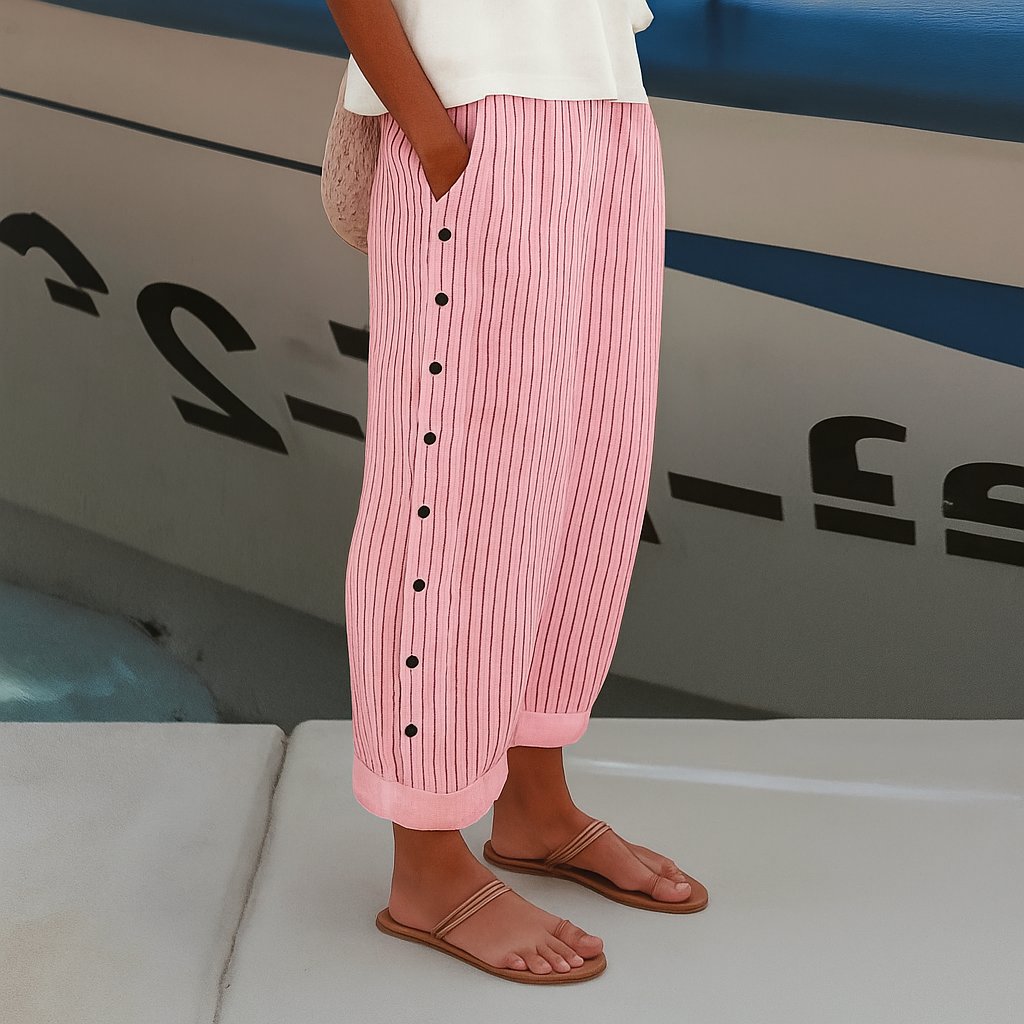 Women's Striped Straight-Leg Elastic-Waist Side-Button Pants - Pink