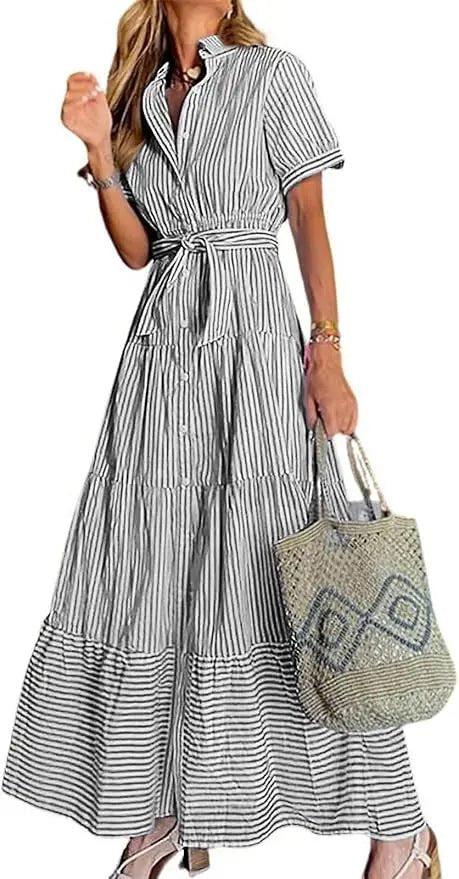 Women's Striped Tiered Ruffle Maxi Shirt Dress Tie Waist - Black