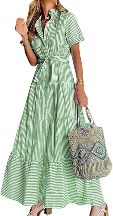 Women's Striped Tiered Ruffle Maxi Shirt Dress Tie Waist - Green