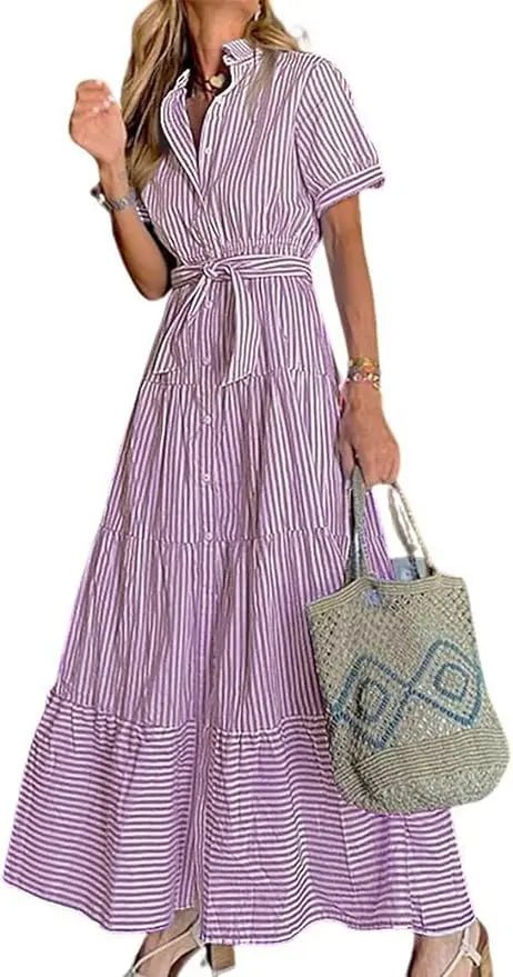 Women's Striped Tiered Ruffle Maxi Shirt Dress Tie Waist - Purple