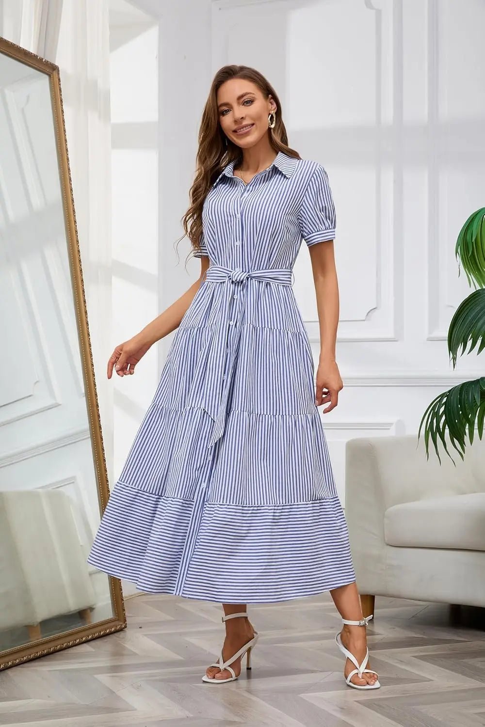 Women's Striped Tiered Ruffle Maxi Shirt Dress Tie Waist