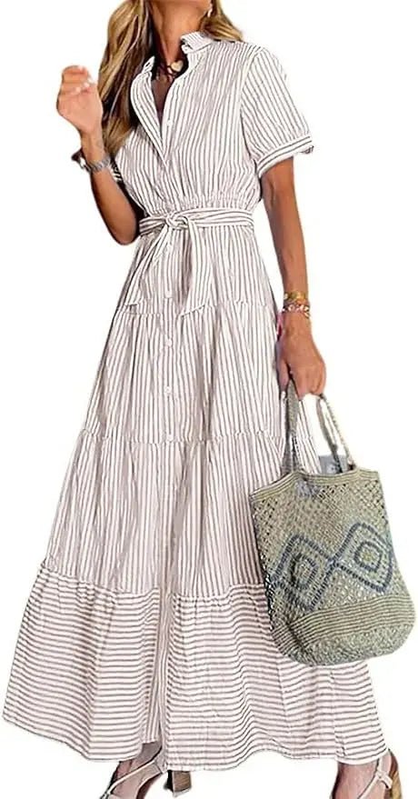 Women's Striped Tiered Ruffle Maxi Shirt Dress Tie Waist - Khaki