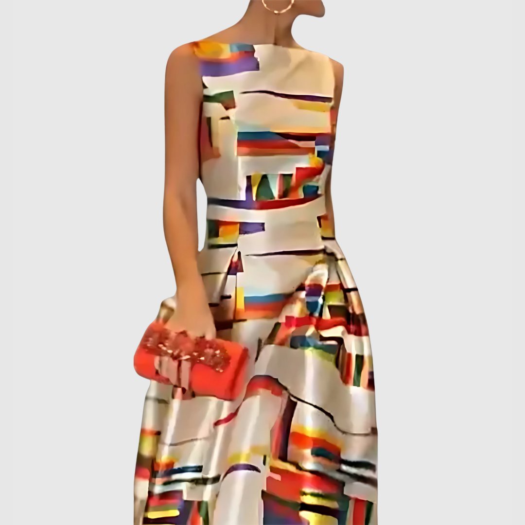 Women's Structured Satin Abstract Colorblock Sleeveless Maxi Dress