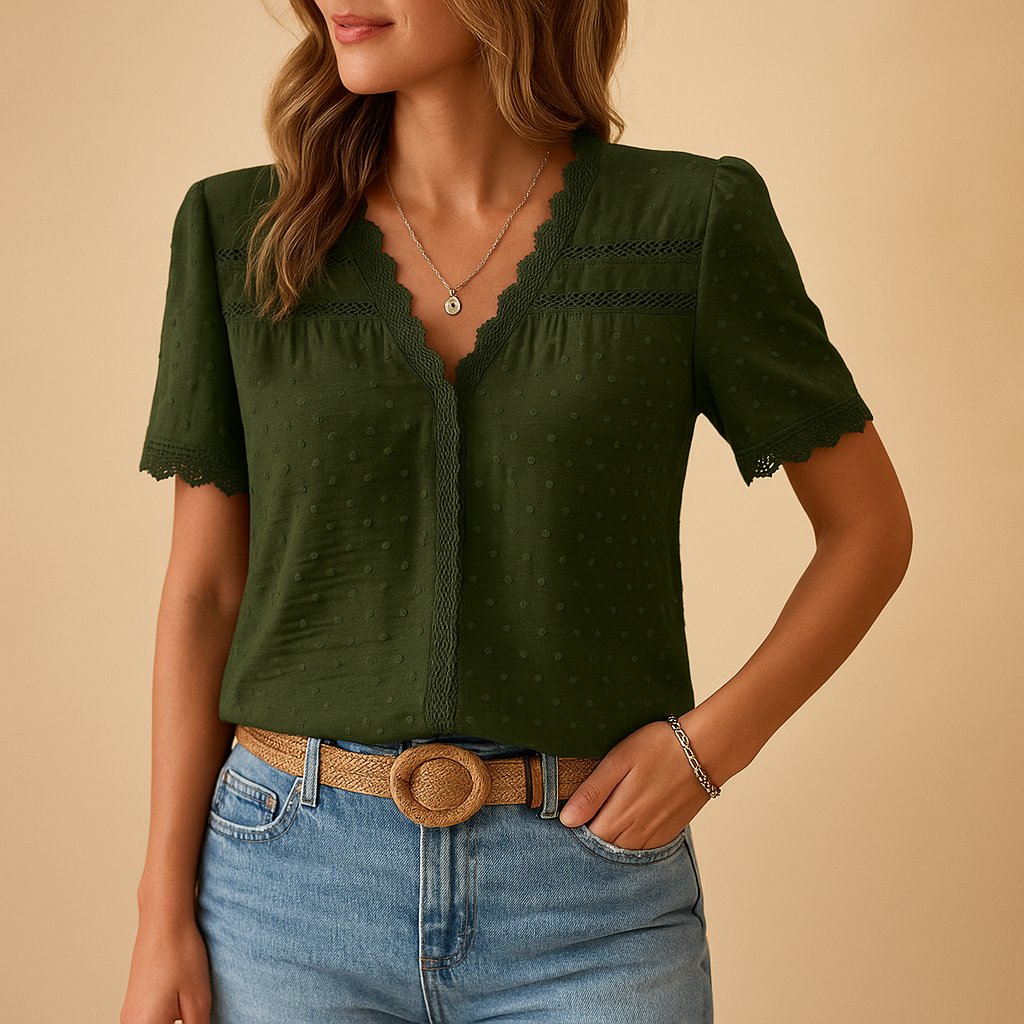 Women's Swiss Dot V-Neck Lace-Trim Short-Sleeve Blouse - Army Green