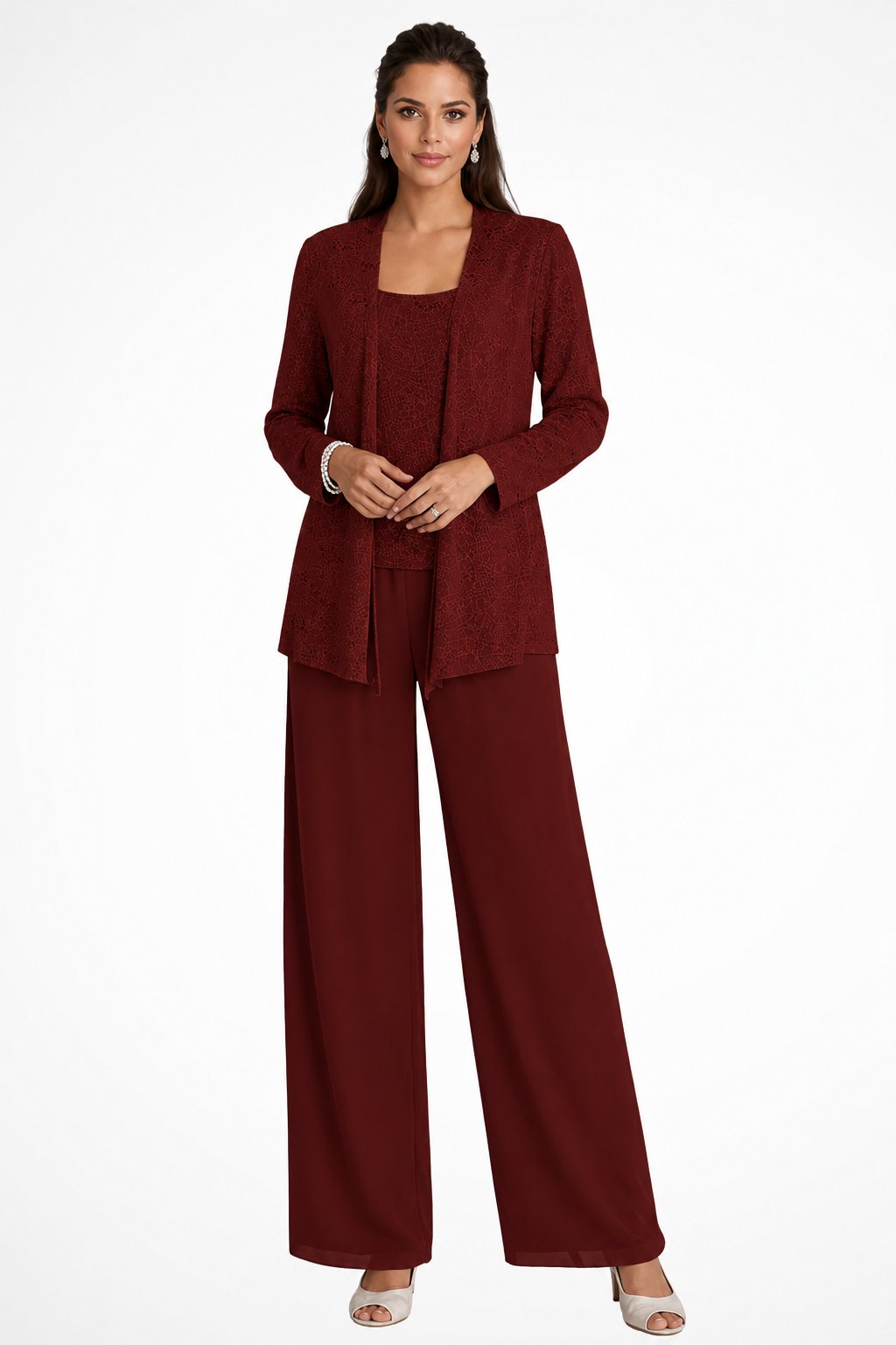 Women's Three-Piece Sequin Jacket Wide-Leg Pants Set - Burgundy