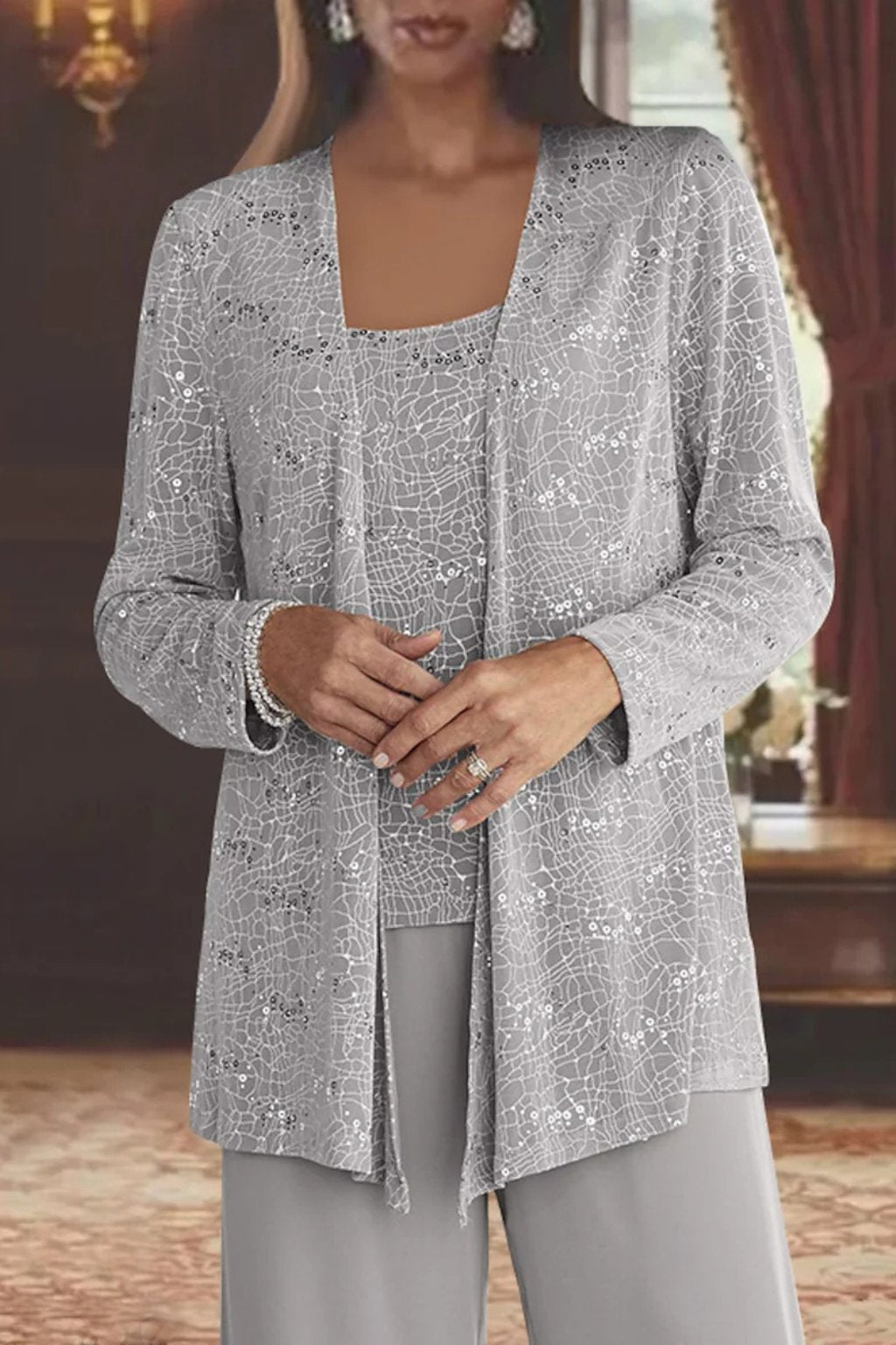 Women's Three-Piece Sequin Jacket Wide-Leg Pants Set