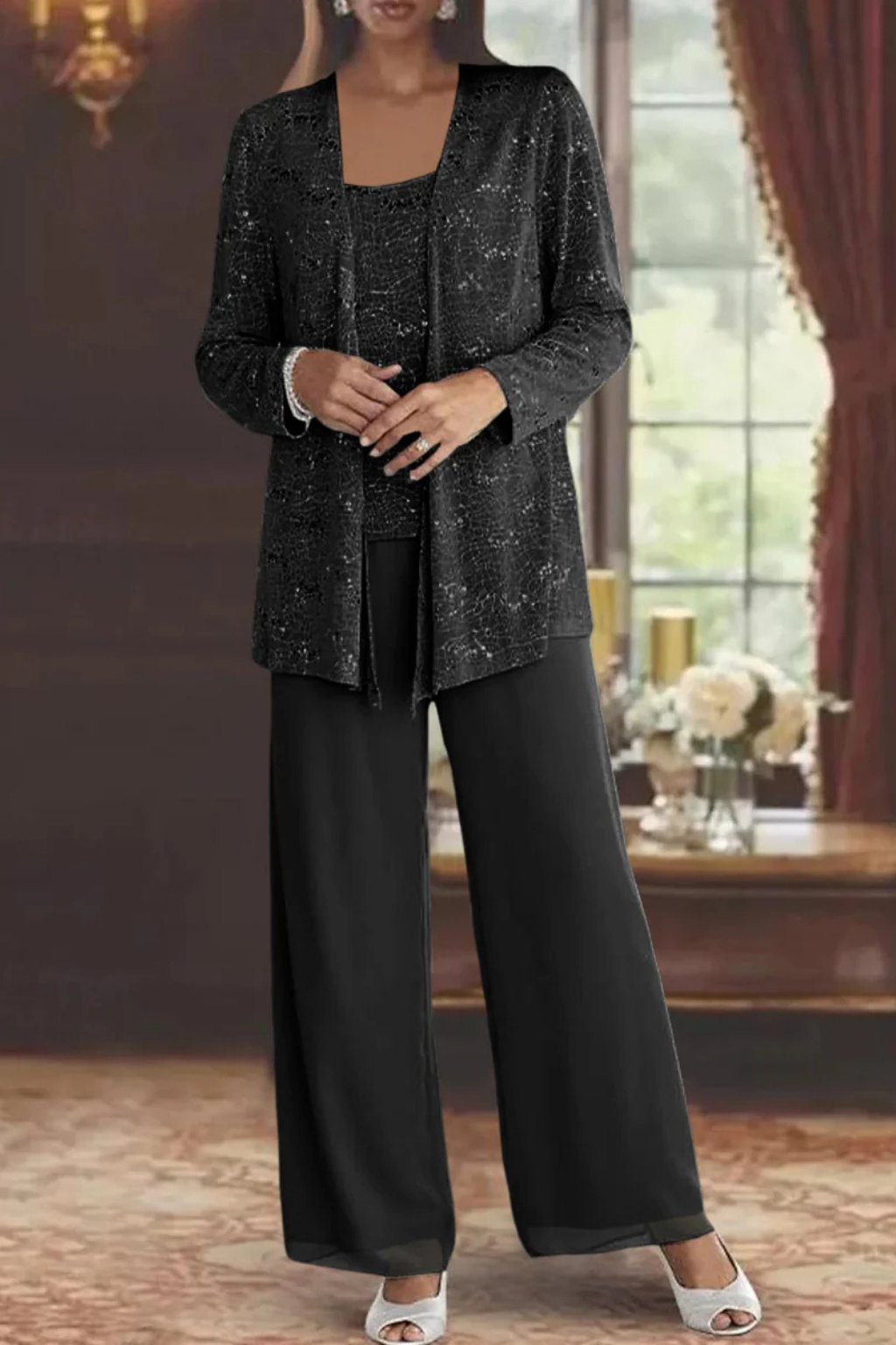 Women's Three-Piece Sequin Jacket Wide-Leg Pants Set