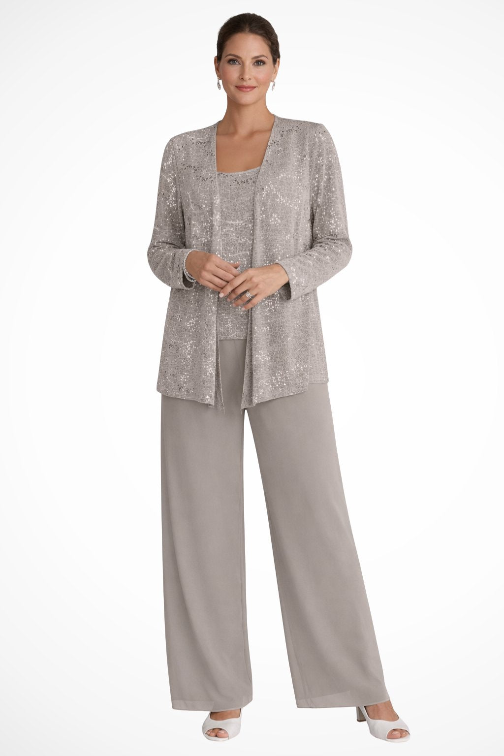 Women's Three-Piece Sequin Jacket Wide-Leg Pants Set - Beige