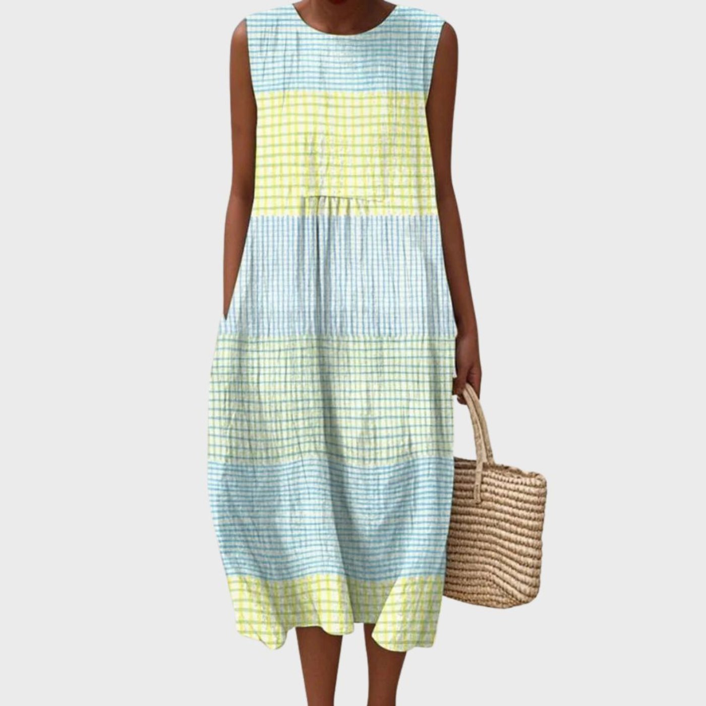 Women's Tiered Sleeveless Linen Plaid Midi Dress - Light Blue
