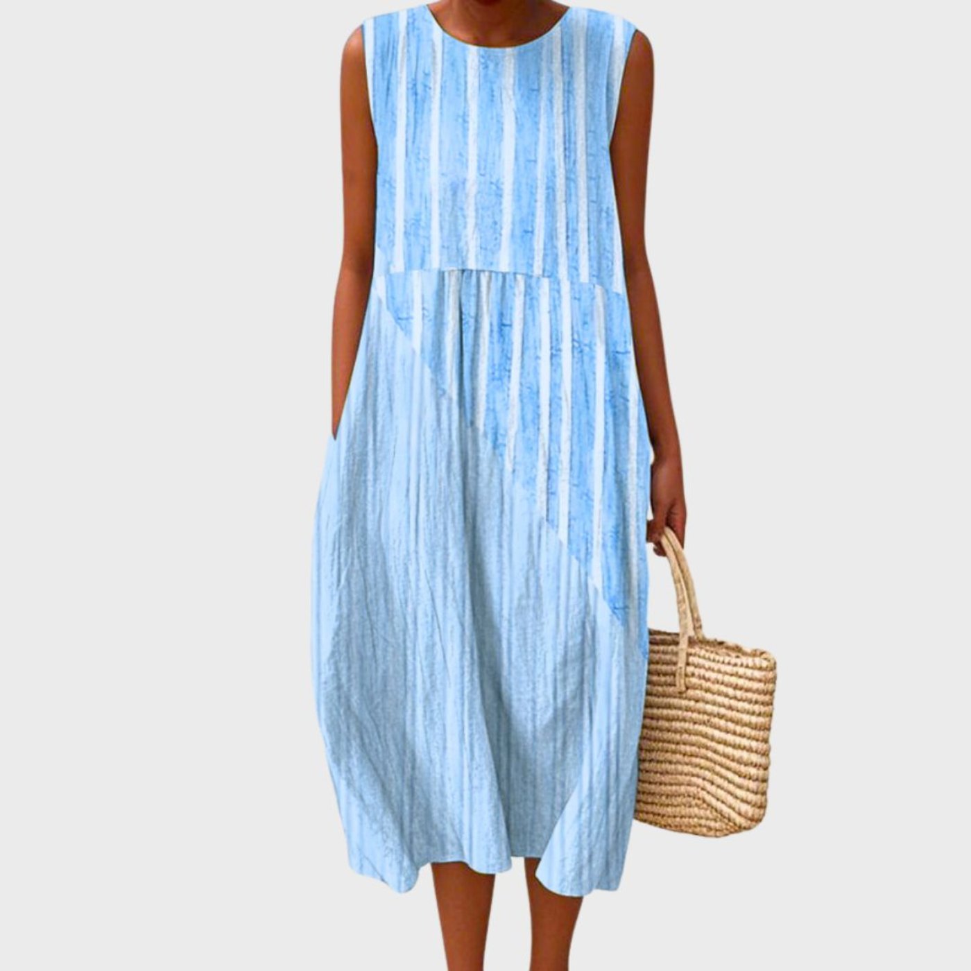 Women's Tiered Sleeveless Linen Plaid Midi Dress - Light Blue 2