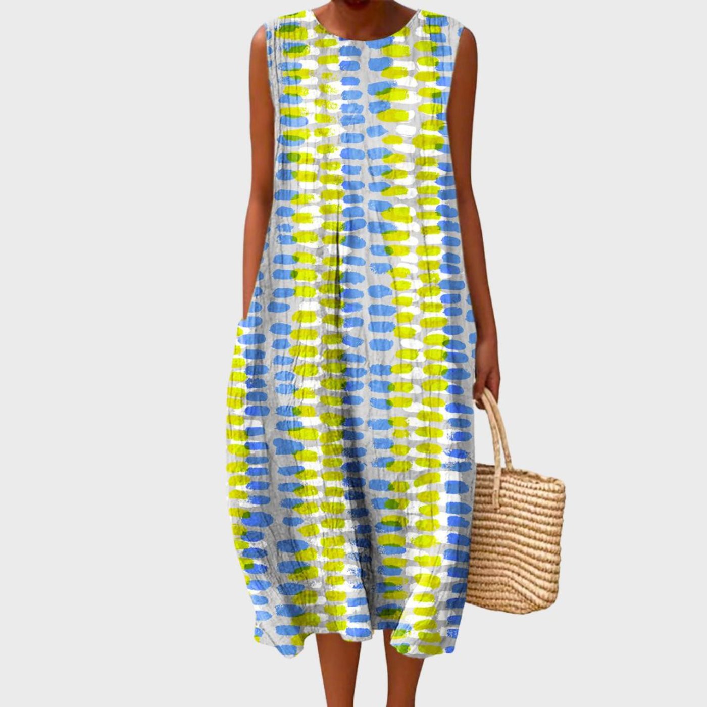 Women's Tiered Sleeveless Linen Plaid Midi Dress - Light Gray