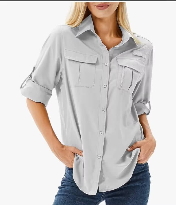 Women's UPF 50 Roll-Up Sleeve Outdoor Hiking Button-Down Shirt - Light Grey
