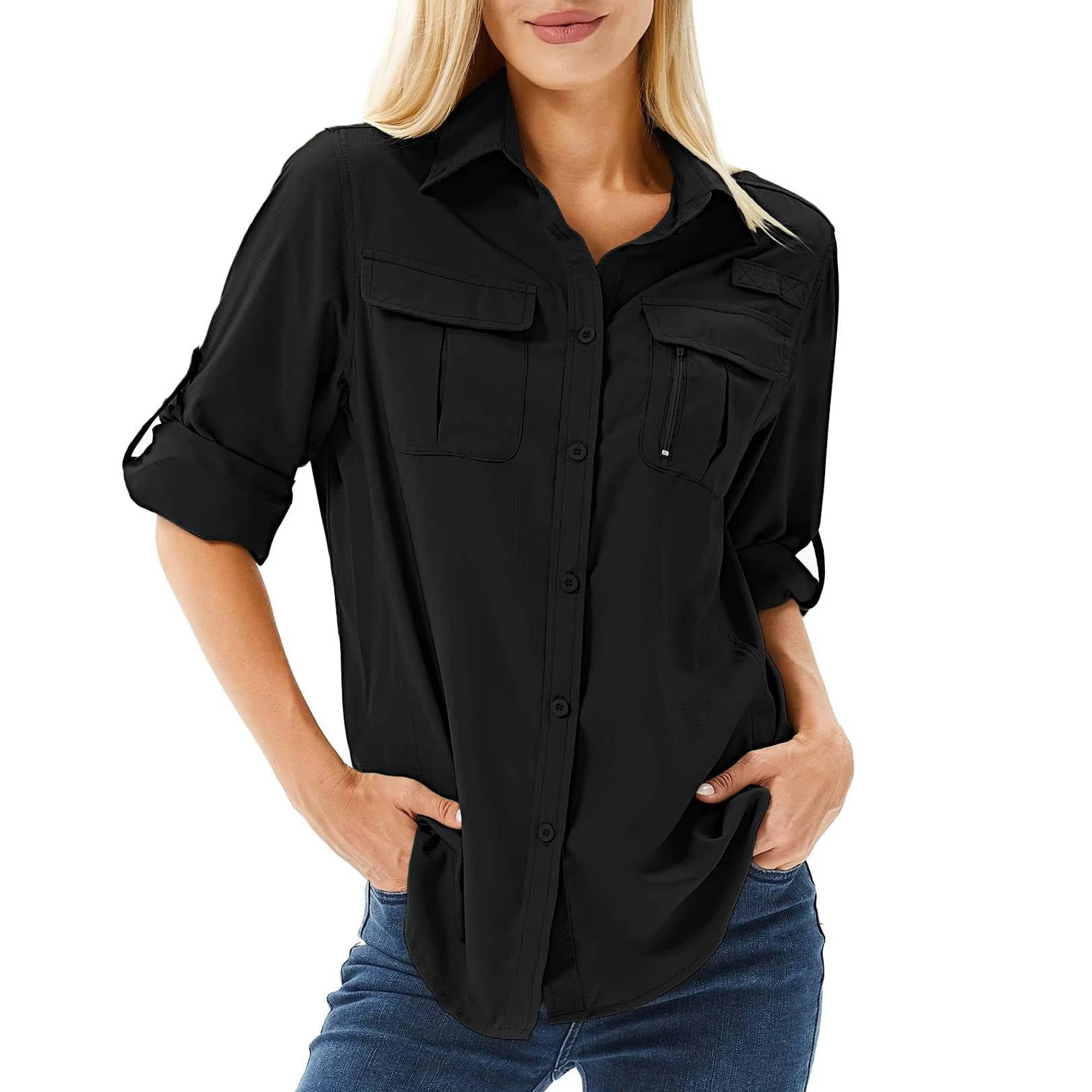Women's UPF 50 Roll-Up Sleeve Outdoor Hiking Button-Down Shirt - Black