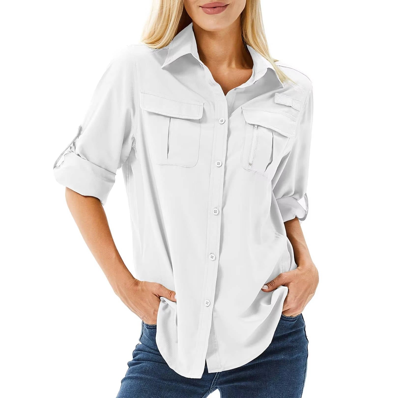 Women's UPF 50 Roll-Up Sleeve Outdoor Hiking Button-Down Shirt - White