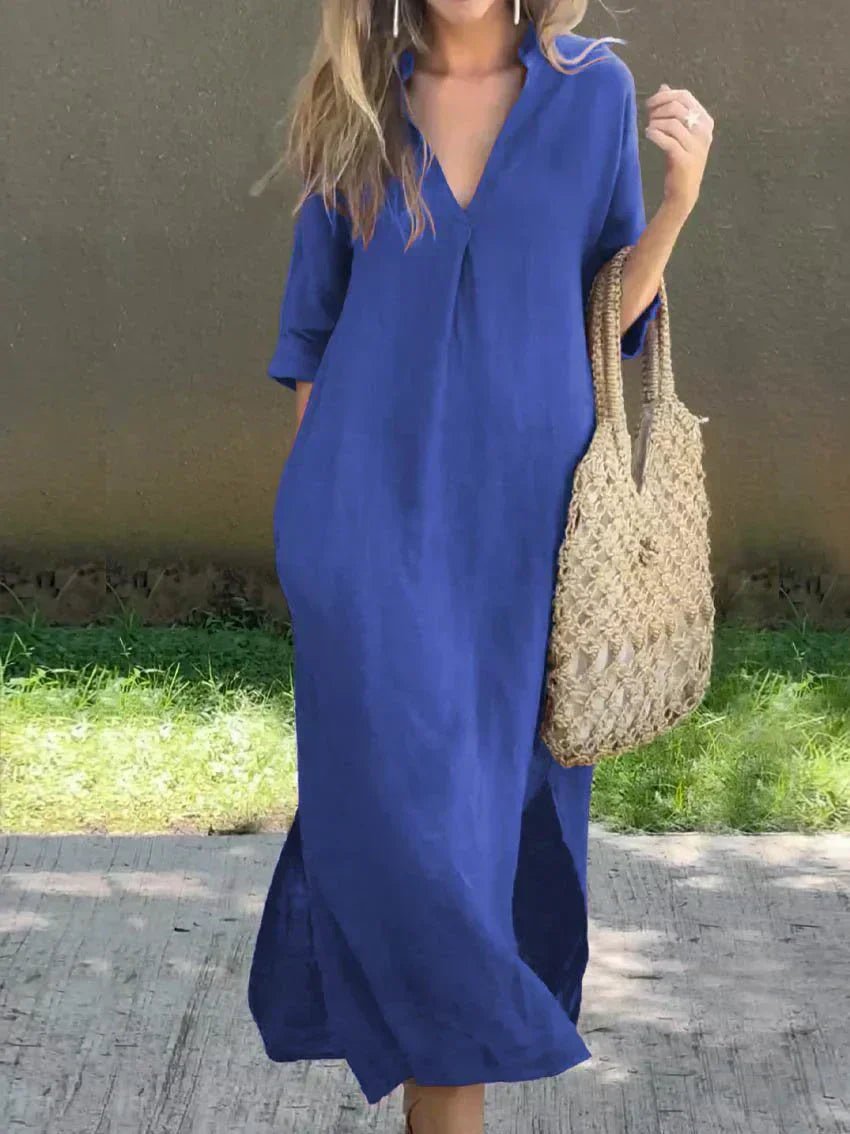 Women's V-Neck 3/4 Sleeve Relaxed-Fit Cotton Linen Maxi Dress - Blue
