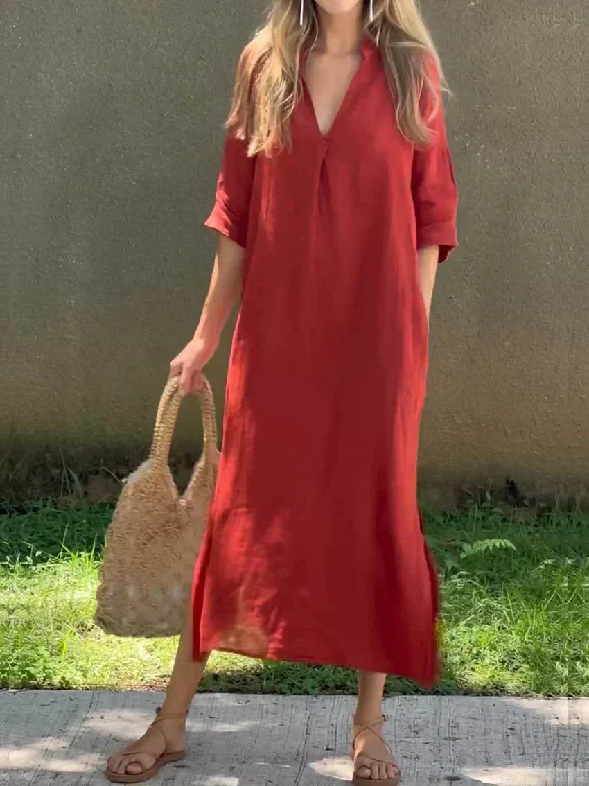 Women's V-Neck 3/4 Sleeve Relaxed-Fit Cotton Linen Maxi Dress