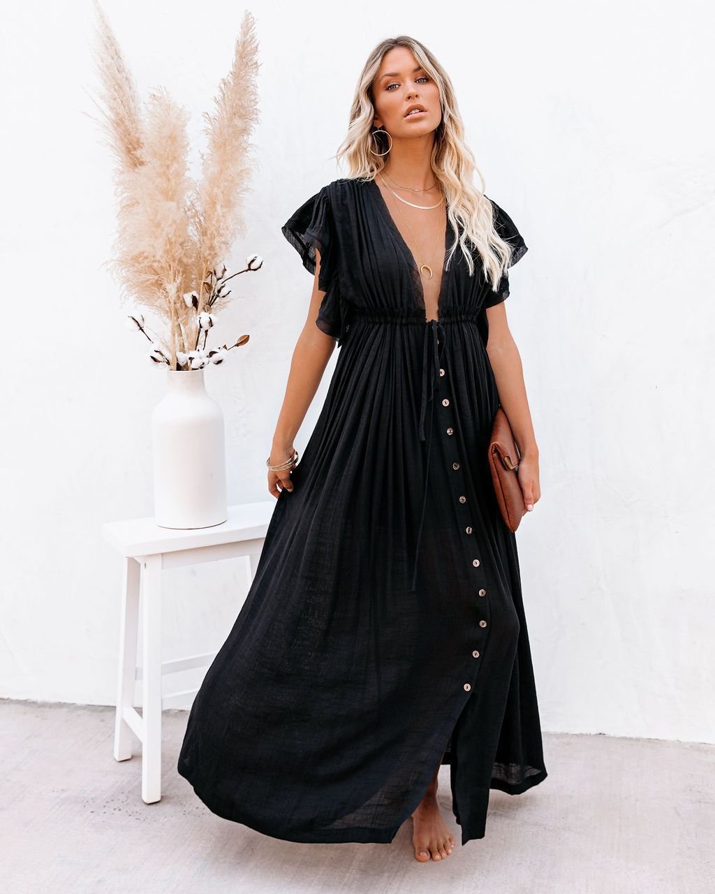 Women's V-Neck Button-Front Flutter-Sleeve Maxi Dress - Black