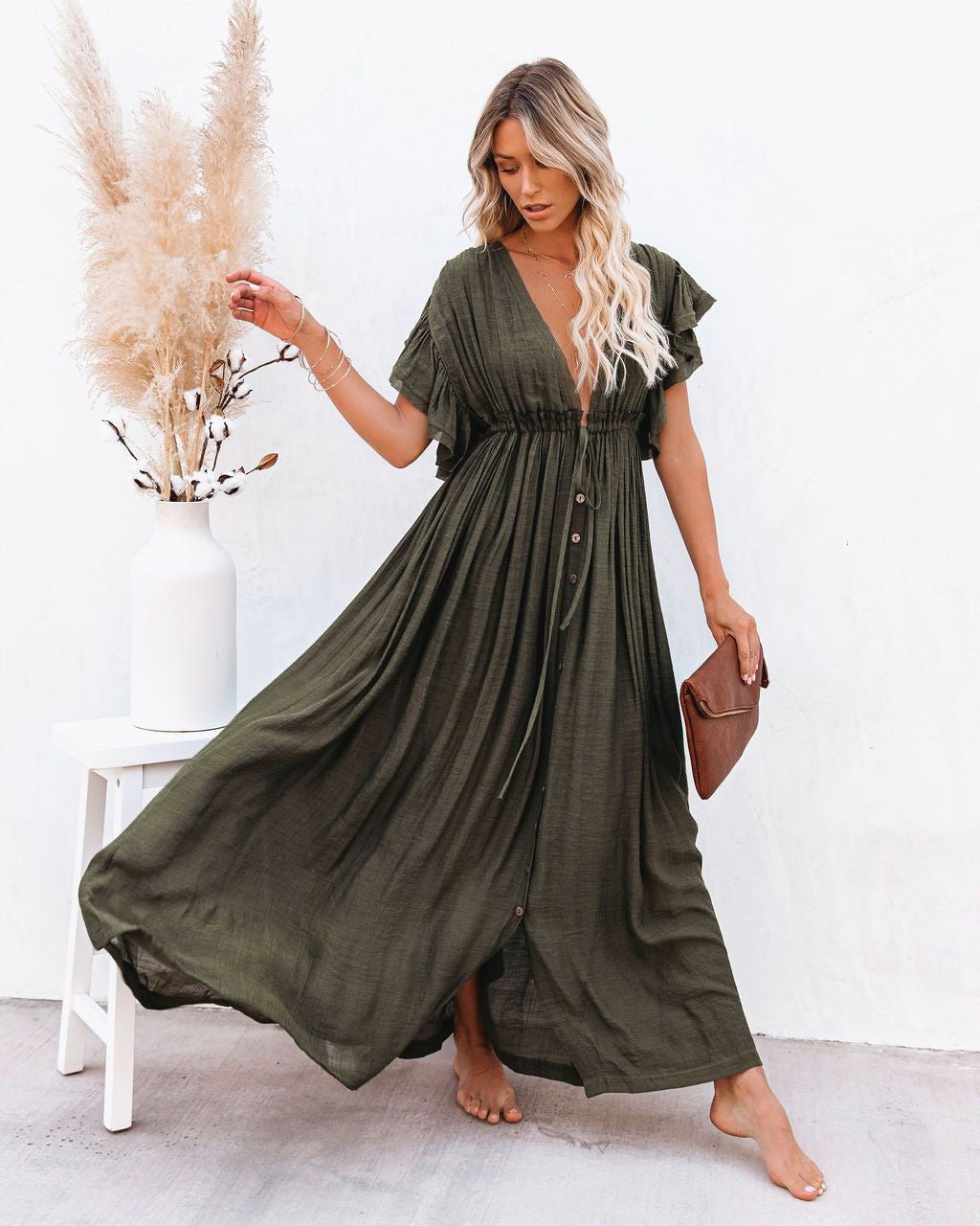 Women's V-Neck Button-Front Flutter-Sleeve Maxi Dress - Army Green